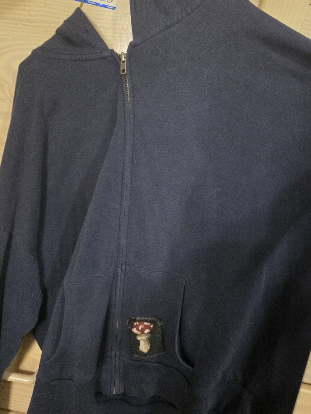 Time and Tru Navy Blue Full-Zip Hoodie with Mushroom Patch